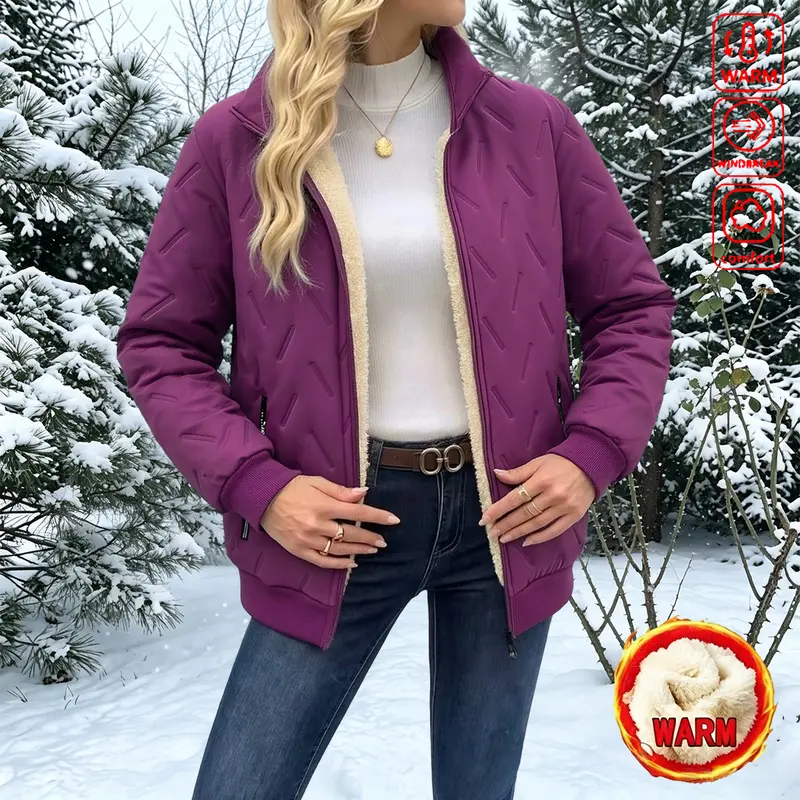 Women’s Winter Stand Collar Jacket – Thick Padded Zip-Up Outerwear with Long Sleeves and Pockets, Solid Color Casual Jacket Suitable for Autumn/Winter, Comfortable and Warm, Zippered Pockets