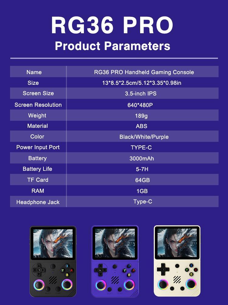 RG36 Pro Retro Handheld Game Console, 3.5" IPS Screen, Linux System, Multi-Color Portable Gaming Device for Classic Games