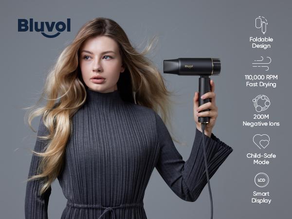 Bluvol T10 Apex Foldable Pocket Hair Dryer Ionic Kid-Safe Lightweight Portable High Speed Travel Dryer with Concentrator for Gym & Home Essentials