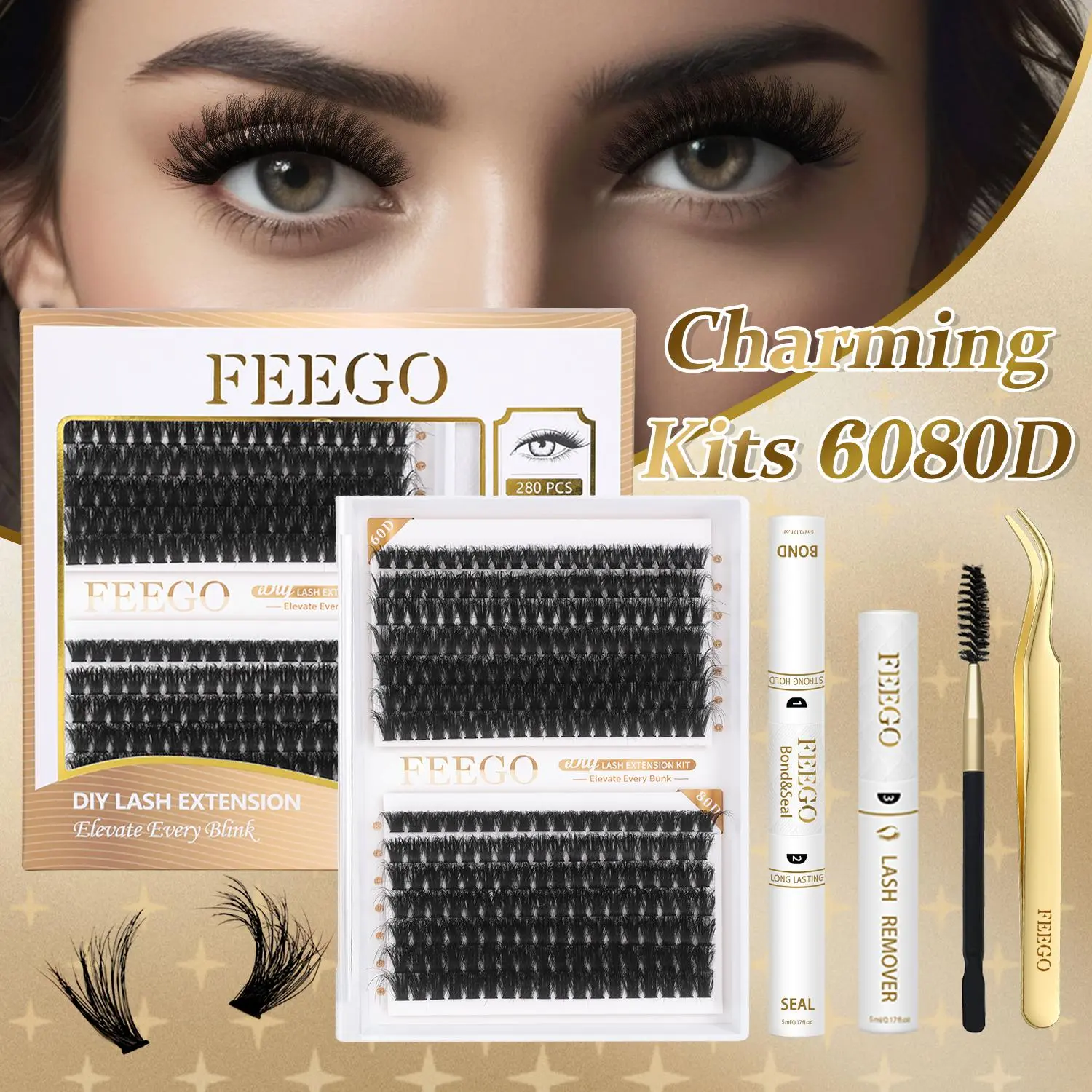 FEEGO D-Curl Lash Clusters Kit, 280Pcs 60D-80D 10-18MM Makeup Cosmetic DIY Eyelash Extensions Set with Tweezers, Eyelash Brush, Remover, Bond & Seal