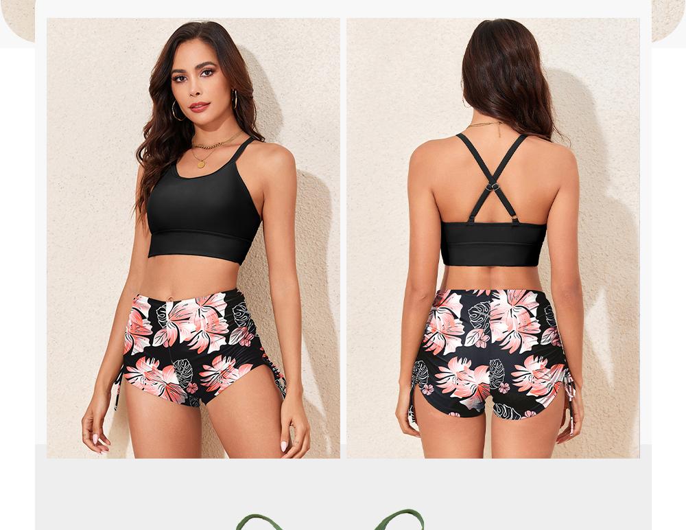 Aleumdr Women's Floral Print Drawstring Boyshorts Swimsuits Criss Cross Top Bikini Sets High Waisted Two Pieces Bathing Suits Beach Swimming Clothing Pink White