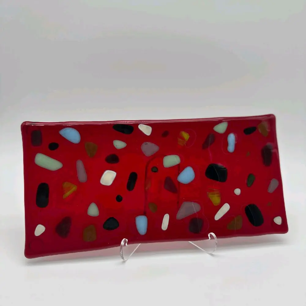 Handmade fused glass red and confetti style serving tray