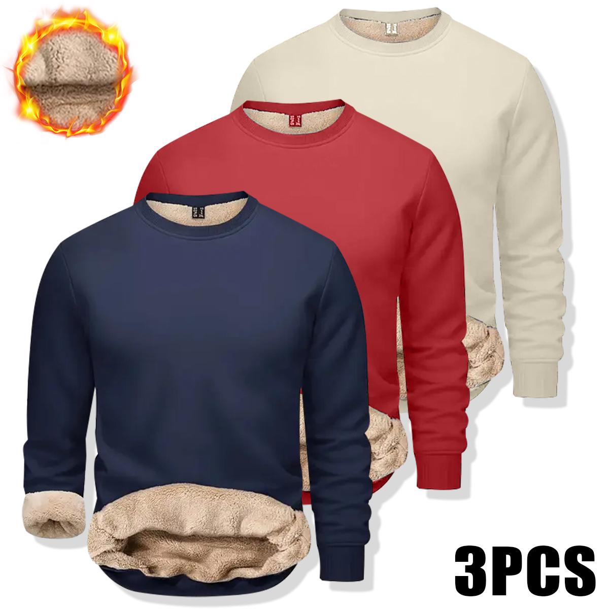 Pack of 3 men's solid color crew neck warm shirts, long-sleeve casual tops for autumn and winter, featuring a casual warm style with a windproof fabric made of faux fleece lining for everyday wear. SpringStatements