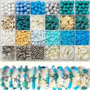 1860Pcs Ocean Beads for Bracelets Making Kit, Blue and White Summer Beach Bead for Jewelry Making, Sea Turtle Shell Starfish Shape Beads 8mm Round Cly Bead for DIY Craft Bracelets Earring