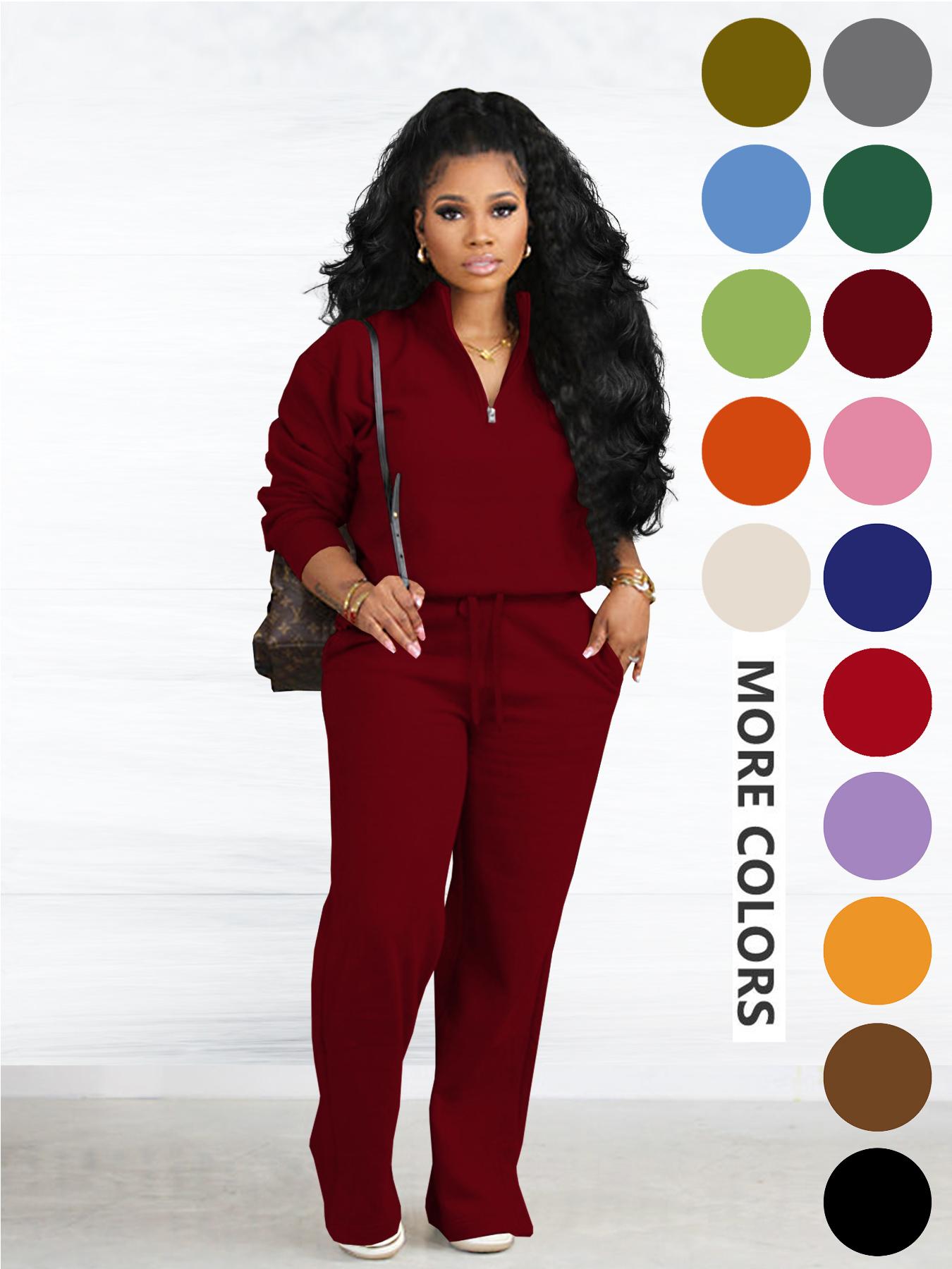 Women's Two-piece Set Solid Zip Up Funnel Neck Sweatshirt & Drawstring Waist Pants Casual Fall Winter Workout Sets Cozy Drop Shoulder Long Sleeve Top Pocket Trousers for Daily Outdoor Wear