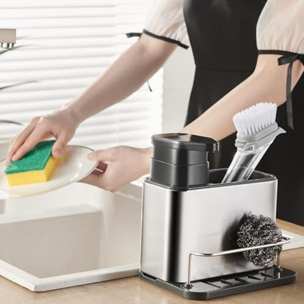 Dish Soap Dispenser 3-in-1 Sponge Holder for Kitchen Sink Rustproof with Easy Access Pump and Secure Sponge Storage hand soap dispensers