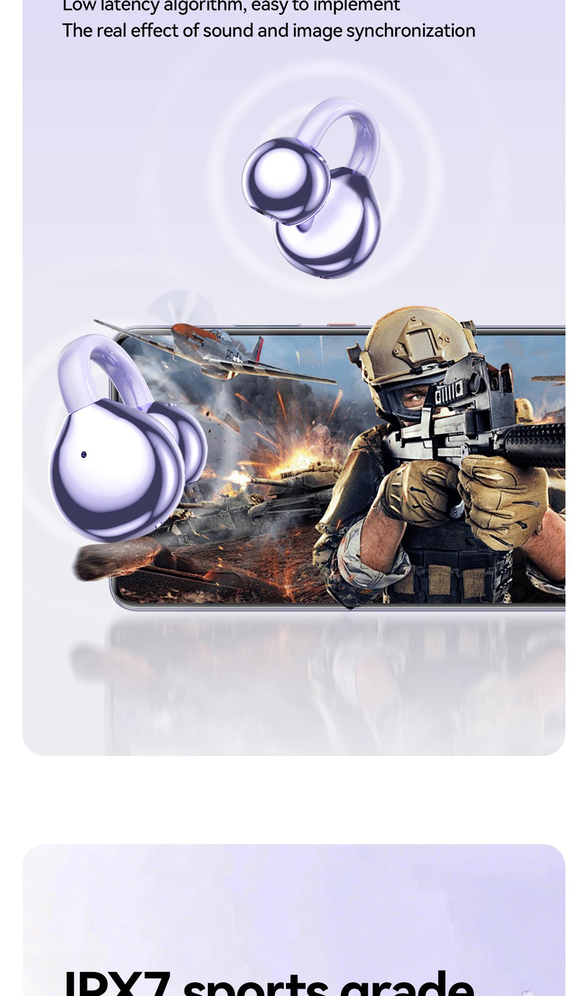 CHENRUIDA GL8 Clip On Wireless Headphones 2025 Bluetooth 6.0 DT6.0 Tech 360° Sound IPX7 Waterproof TWS Earbuds for Music Calls Sports Purple TWS Electronic