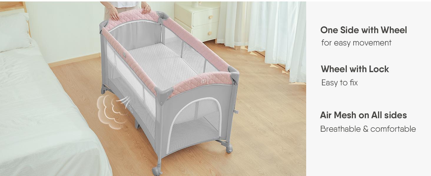 Baby Bassinet & Bedside Sleeper, Portable Baby Crib for Newborns and Infants, Foldable Playard with Mattress, Diaper Changer, Music Mobile for Nursery