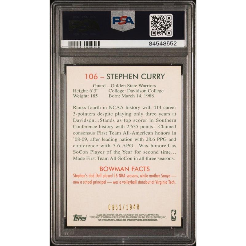 2009 Bowman '48 #106 Stephen Curry Signed Rookie Card PSA 7 AUTO 10 PSA Slabbed