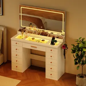 [Valentine's Day Gift] LAKEMID Vanity Table with Large Mirror, LED Mirror & Glass Top Makeup Desk with RGB Ambient Lighting, Featuring 6 Storage Compartments, Power Outlet, 3 Lighting Modes, Bedroom Vanity, Girls'/Women's Vanity (White)