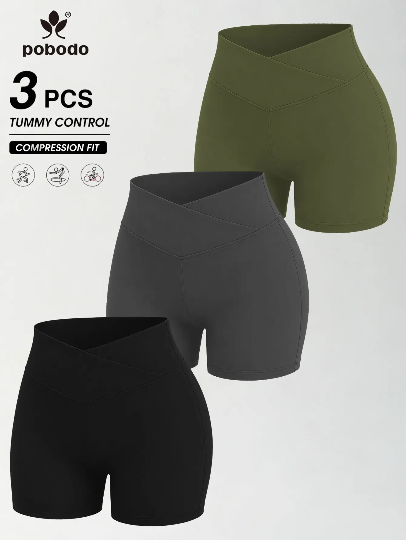 Women Cross V Waist Yoga Biker Shorts 3 pack High Waist Tummy Control Non-See-Through Stretch Compression Athletic Workout Shorts