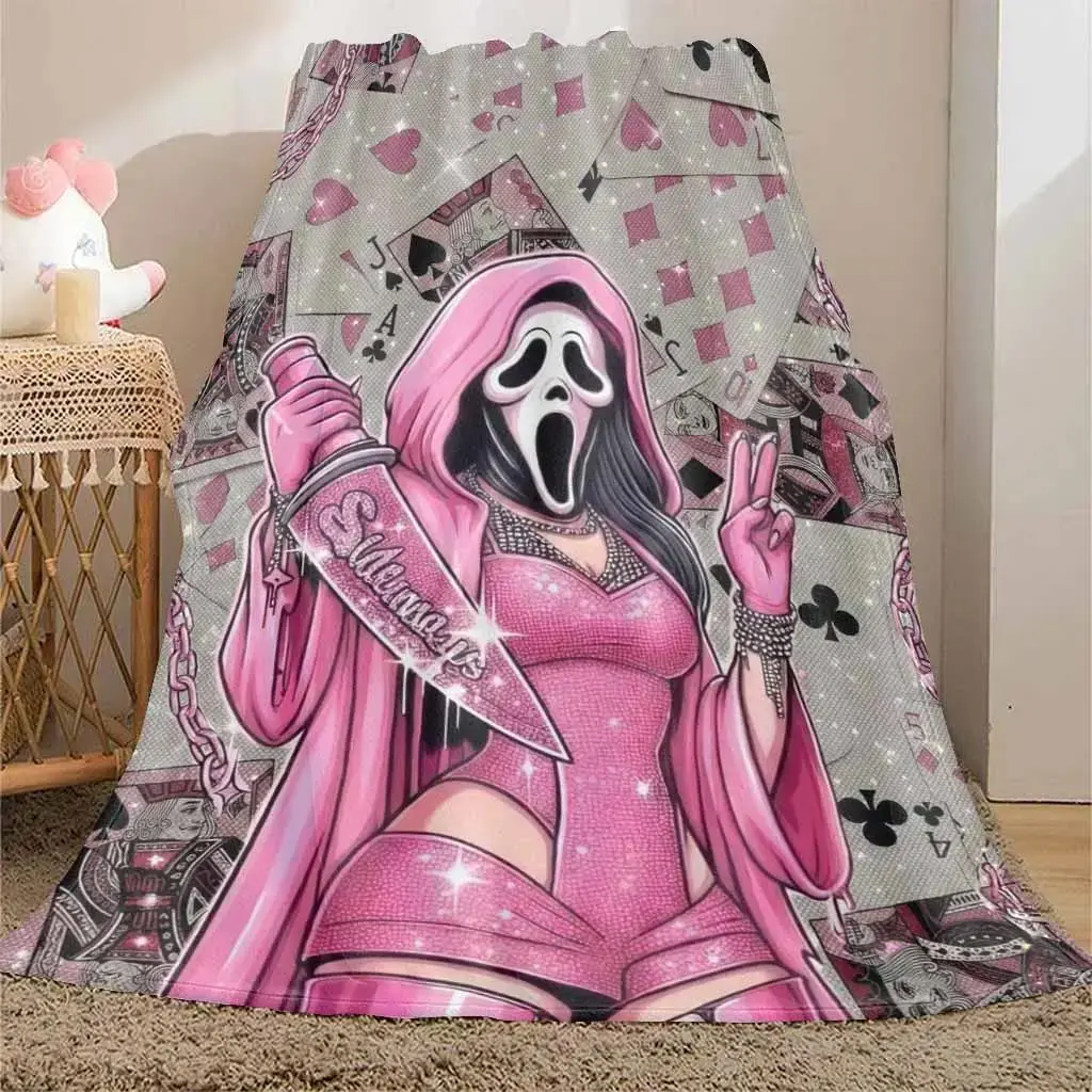 Pink Ghost Face Playing Card Flannel Throw Blanket - Ultra-Soft, Cozy, Lightweight Character Inspired Custom Graphic Animal Art Print Blanket, Ideal for Bedroom Decor, Gifting, All-Season Use, Pink Throw Blanket, Character Inspired Blankets