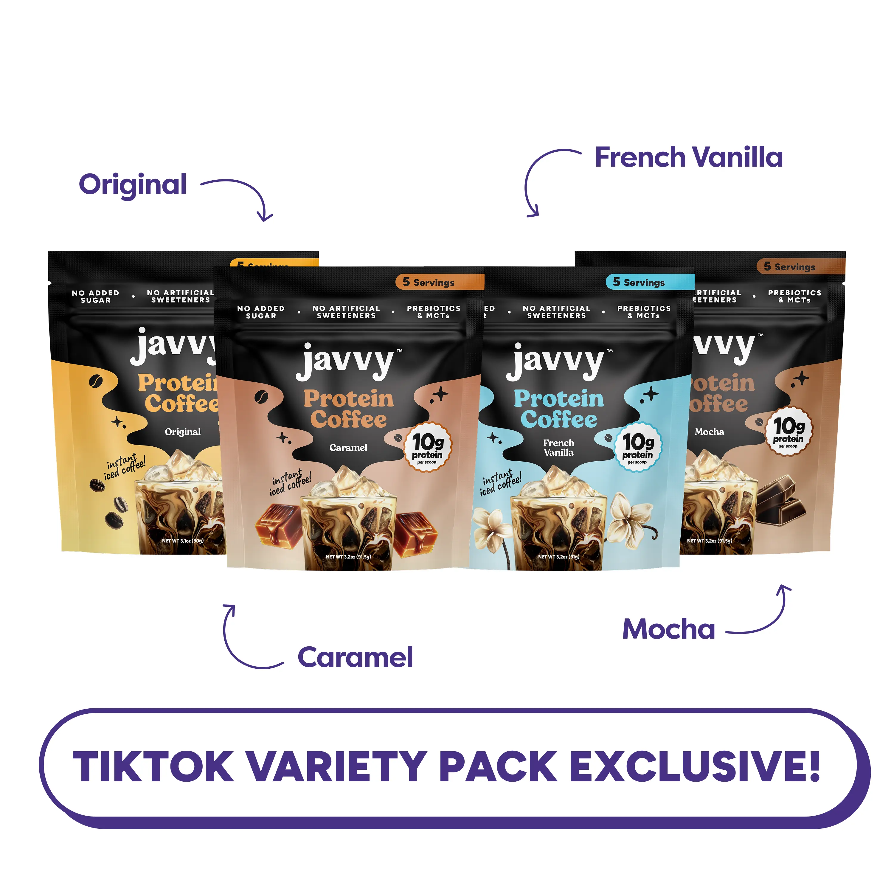 Javvy Protein Coffee Variety Pack, 4 Flavors, 5-serve each bag (Original, Mocha, French Vanilla, Caramel) - Premium Whey Protein Instant Iced Coffee - No Artificial Flavors & Sweeteners, No Added Sugar, 20 Servings