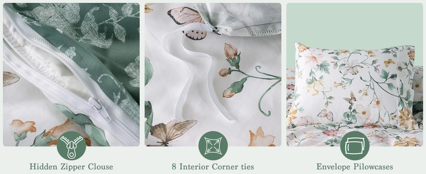 Sonoro Kate Home Floral Cotton Duvet Cover Set Soft Breathable Botanical Print Comforter Cover Moisture Wicking Skin Friendly Crisp Fresh Feel for All Season Sleep 3 Piece Set with Zipper Closure