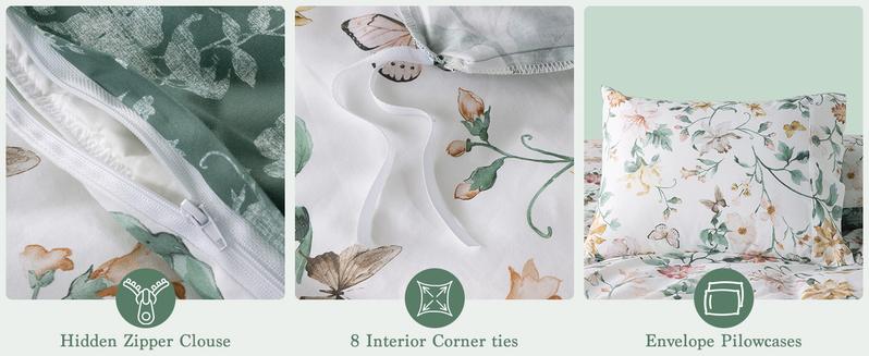 Sonoro Kate Home Floral Cotton Duvet Cover Set Soft Breathable Botanical Print Comforter Cover Moisture Wicking Skin Friendly Crisp Fresh Feel for All Season Sleep 3 Piece Set with Zipper Closure