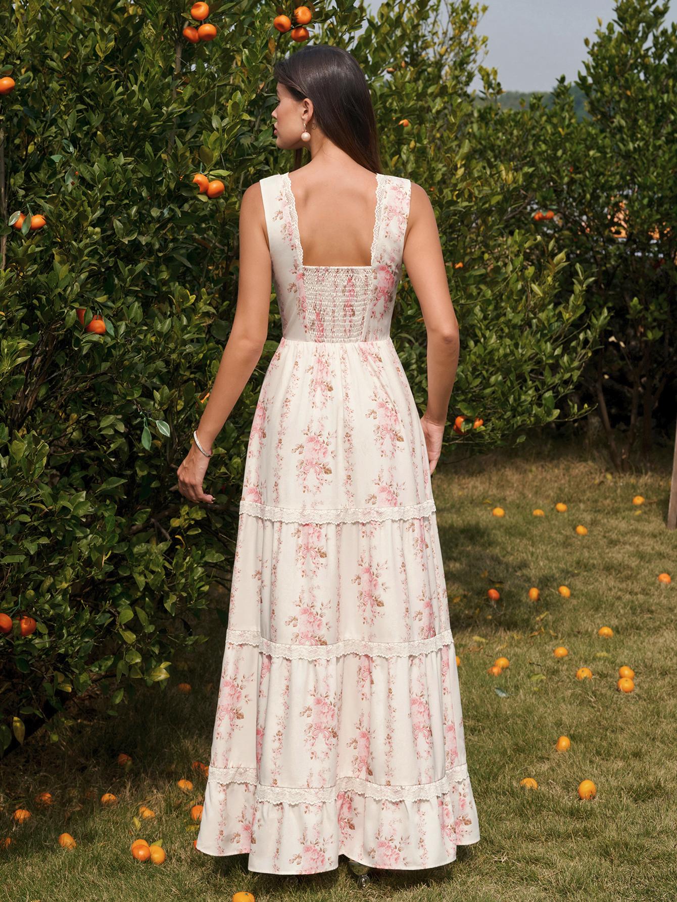 Parthea Women's V-Neck Backless Smocking Lace Trim Casual Cake Dress, Ideal for Garden Afternoon Tea, Art Exhibitions