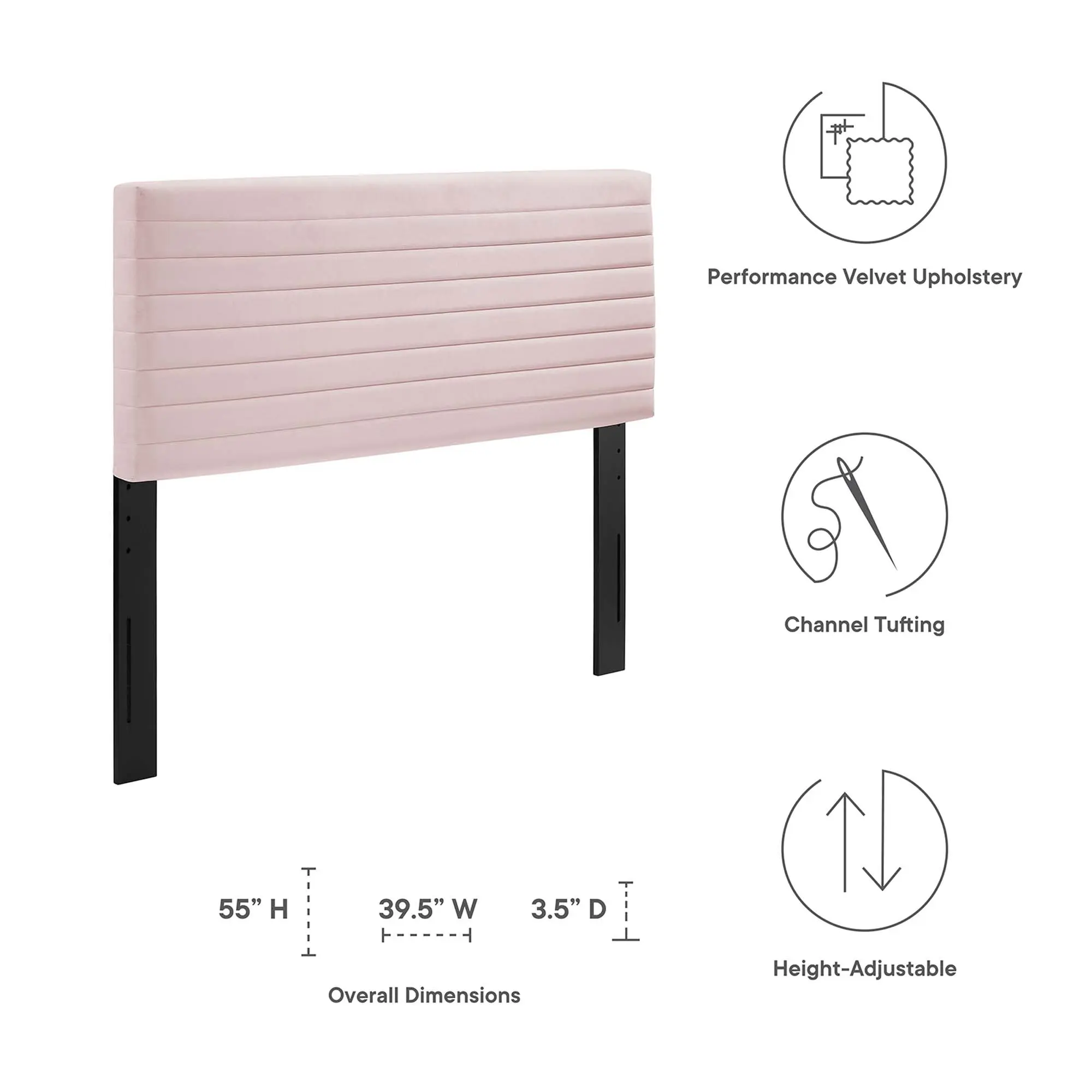 Modway Tranquil Velvet Channel Tufted Height-Adjustable King-Cali-King Mid-Century Indoor Headboard, Pink