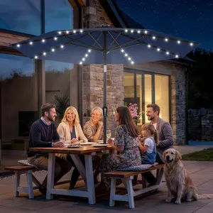 9FT Patio Umbrella with Solar Lights, 32 Lighted Pool Umbrella w/Tilt and Crank, Outdoor Market Solar Umbrellas for Garden, Deck, Backyard, Pool and Beach, Navy