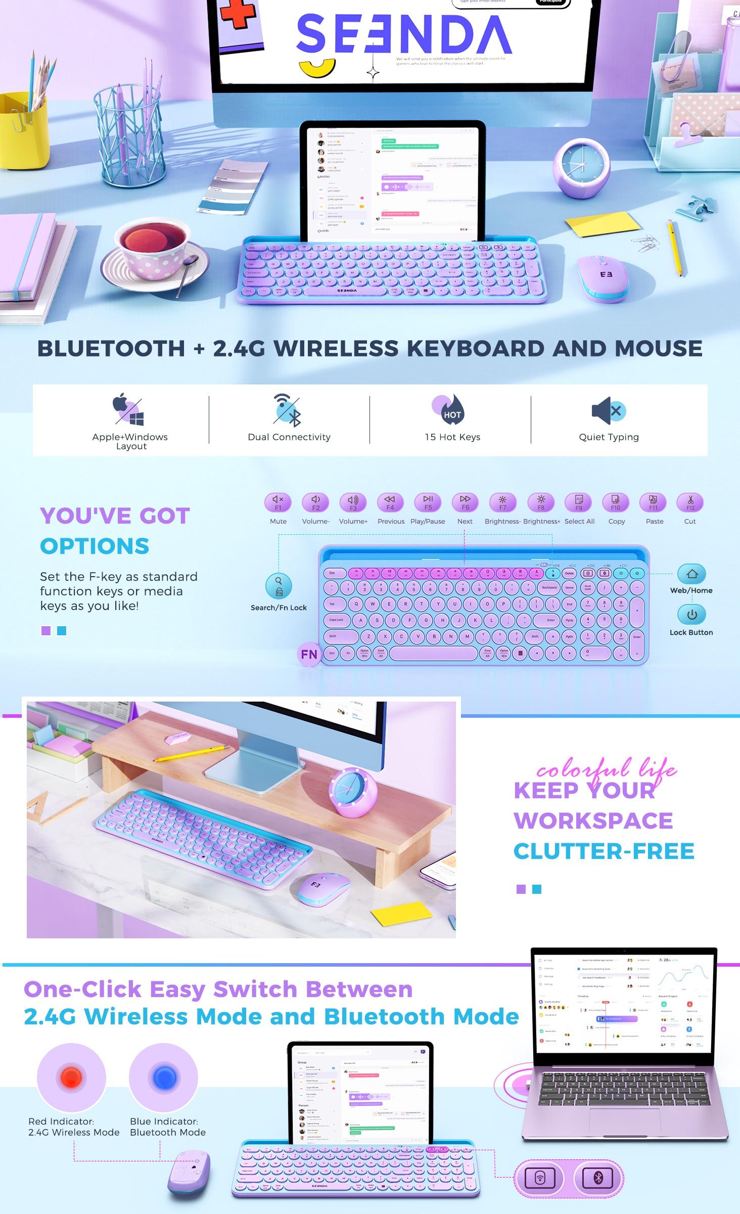 Seenda Bluetooth Keyboard and Mouse for iPad, CTU-301 Multi-Device Bluetooth + 2.4G Wireless Keyboard Mouse with Tablet Holder for MacBook/Windows Computer, iOS/Andriod Tablet Phone