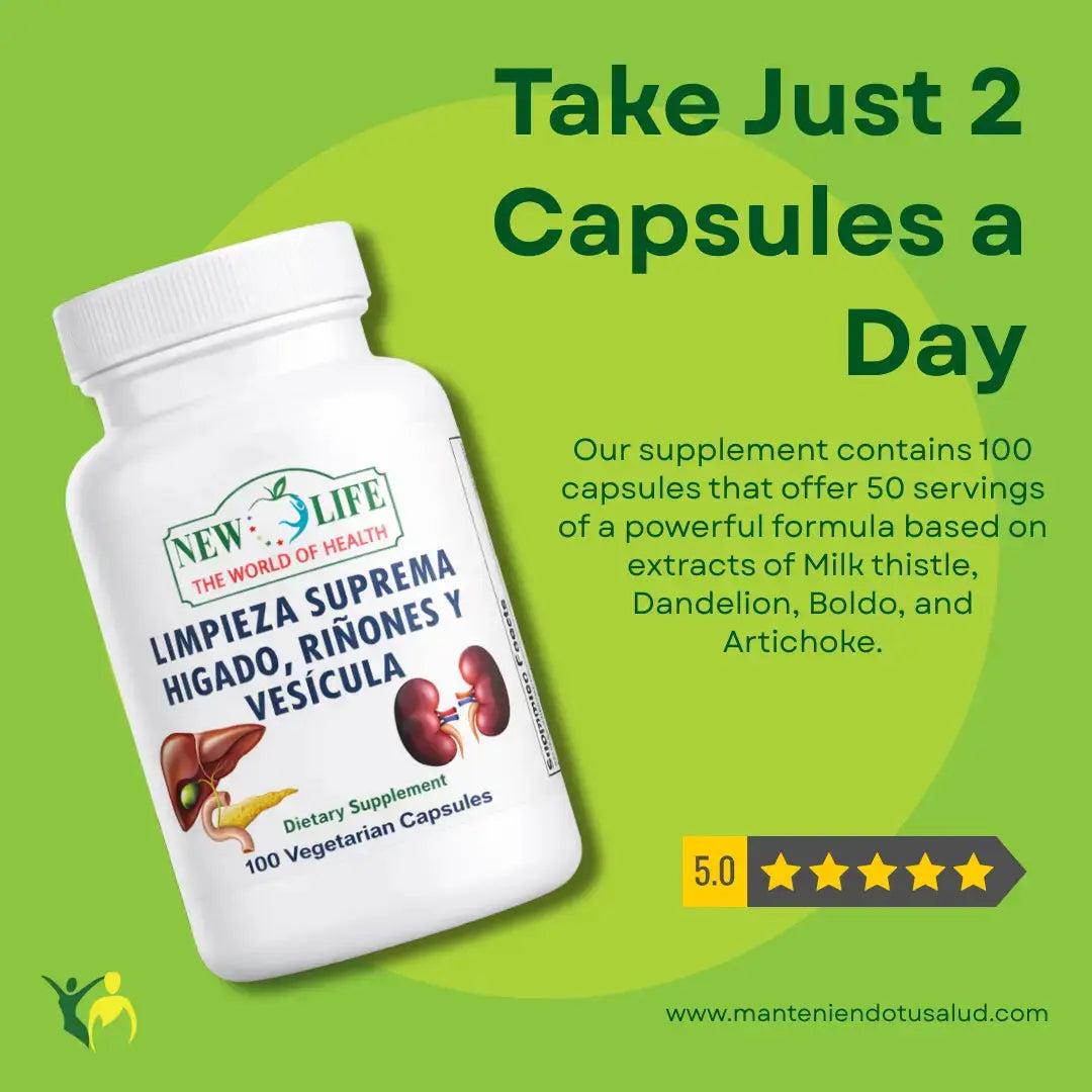 New Life Limpieza Suprema Hígado Riñones y Vesícula, Dandelion Root & Milk Thistle, 100 Veg Capsules Dietary Supplement