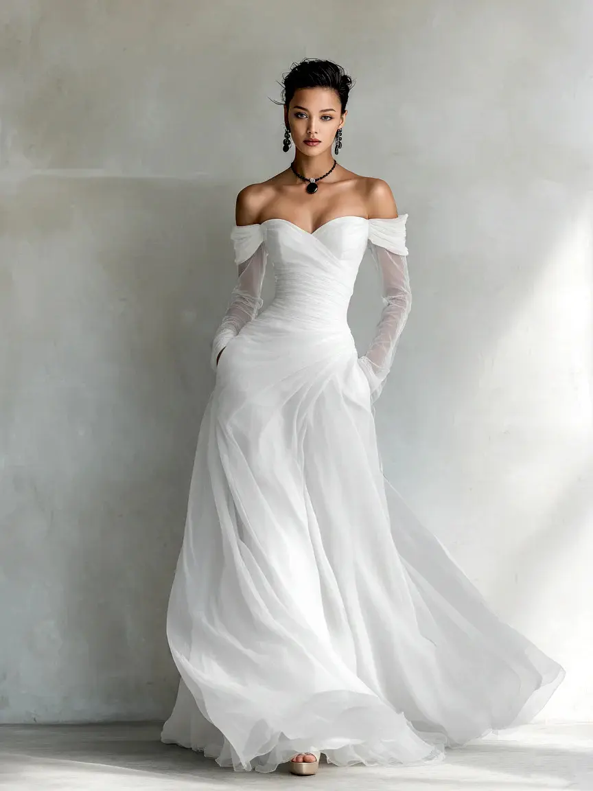 MINGHAO  2026 new Women's Off-The-Shoulder Sweetheart Neck Bridal Gown, Sheer Long Sleeves, Ruched Bodice, A-Line Flowy Tulle Design, With Side Pockets, For Destination Weddings