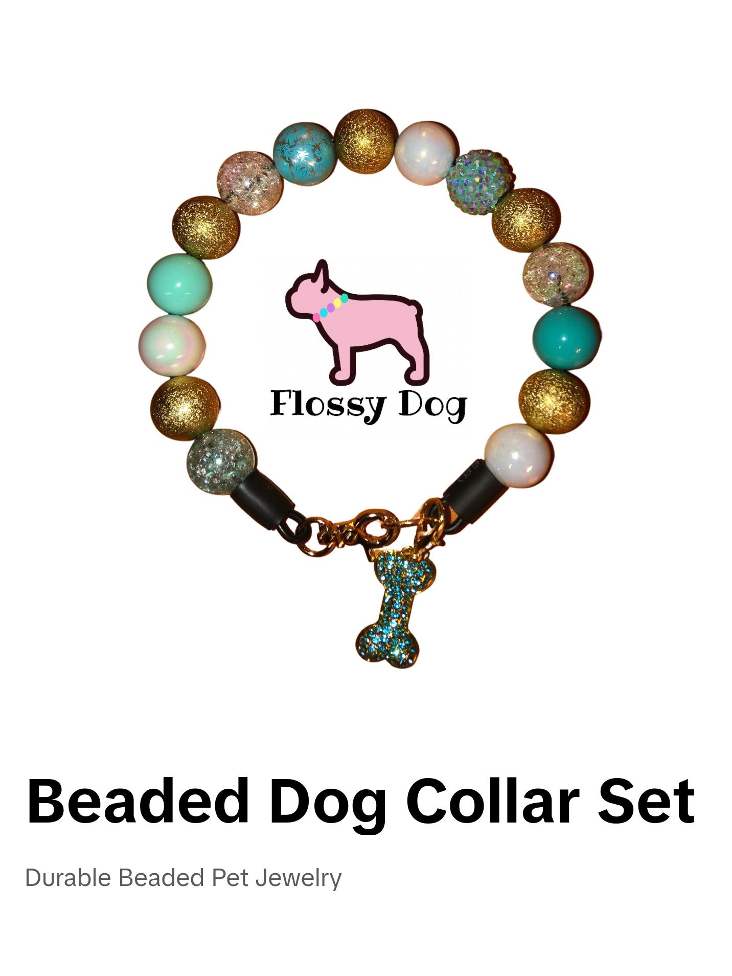 Seaside Beaded Dog Collar | Unique Pet Necklace With Beads | Turquoise, White & Gold Durable Dog Jewelry