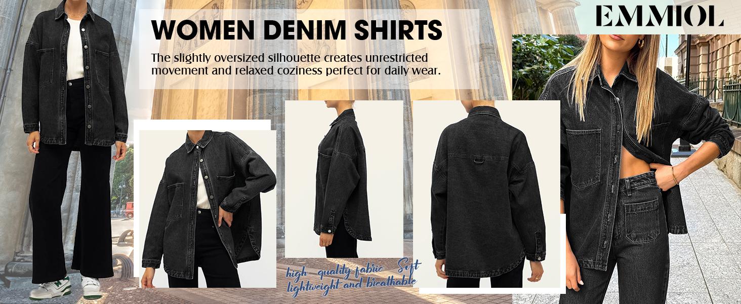 EMMIOL Women Denim Shirts Oversized Long Sleeve Button Down Blouse Distresse Jean Jacket Fall Outfits 2025