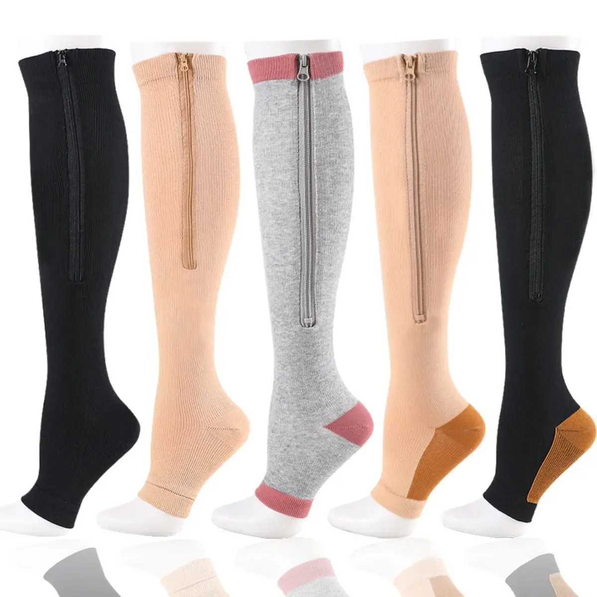 Unisex 3 Pairs Toeless Zipper Compression Socks - Calf-Length Anti-Slip Support Stockings for Male, Running, Daily Wear with Zipper Design, Refer to Size Chart, Breathable Fabric, Anti-Slip Grip, Zippered Toeless