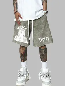 Men’s summer American vintage-style graphic print washed distressed cotton athletic shorts—casual loose fit with a drawstring waist and pockets; street style, 2000s aesthetic. Suitable for running, golf, fishing, basketball, camping, gym, swimming, and th