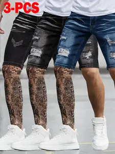 Streetwear Distressed Denim Shorts 3-Pack American High Street Style Ripped Bermuda Shorts
