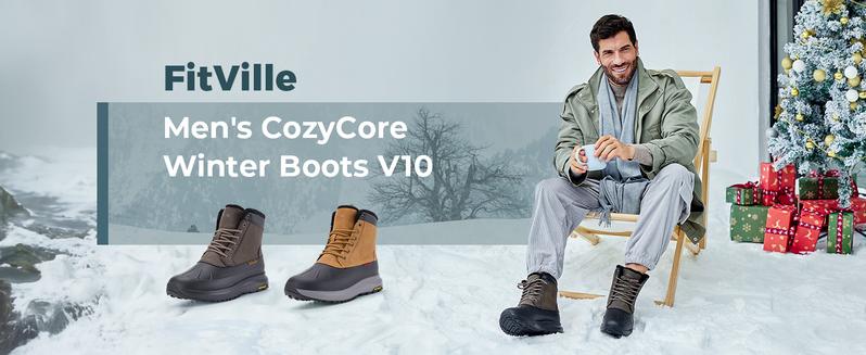 FitVille Men's Wide CozyCore Winter Boots V10, Thermal-Reflective Lining, Adjustable Straps, Slip Resistant, All-Day Comfort Walking Shoe, Roomy Toe Box, High Rebound EVA Foam, Closed Decor Style