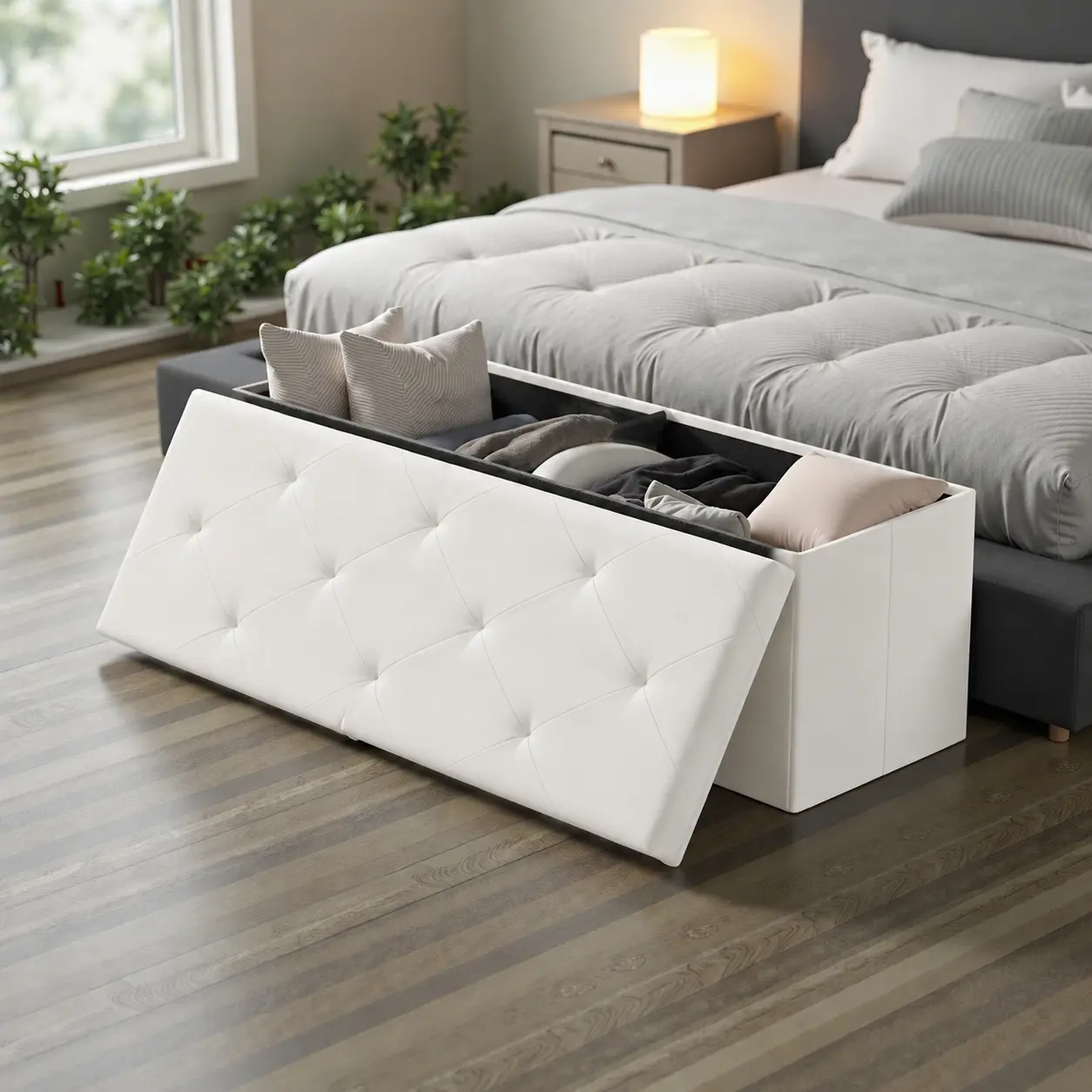 【NEW COLOR】Folding Storage Ottoman Bench, Foot Rest Stool with Padded Seat, Large Toy Box Storage Chest with Seatin, Holds up to 660 lb-Grey