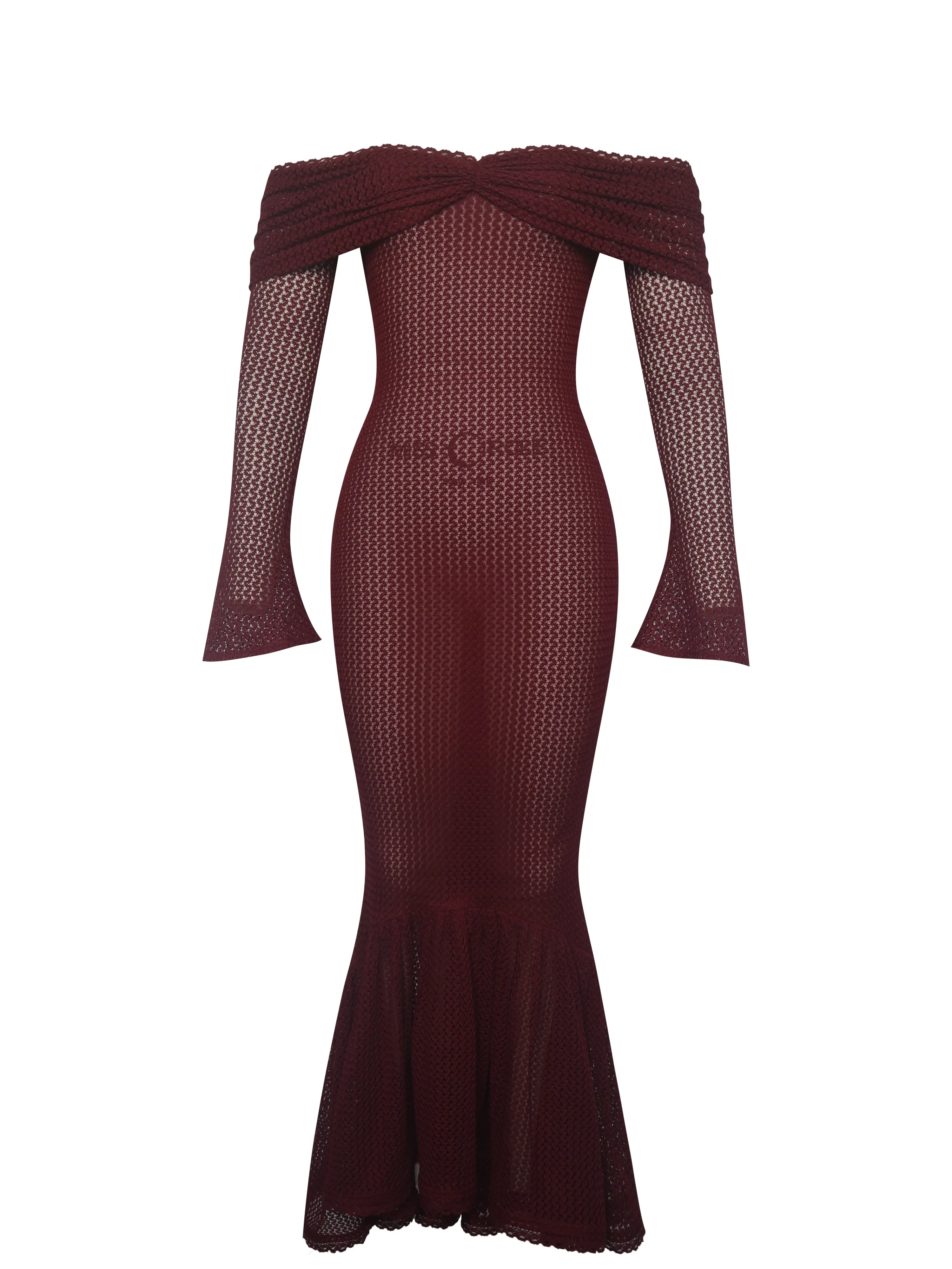 Kaedyn Burgundy Off Shoulder Long Sleeve Crochet Mermaid Maxi Dress -  TikTok Shop