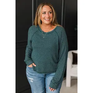 Vibrant Smiles Long Sleeve Striped Top- Dark Jade