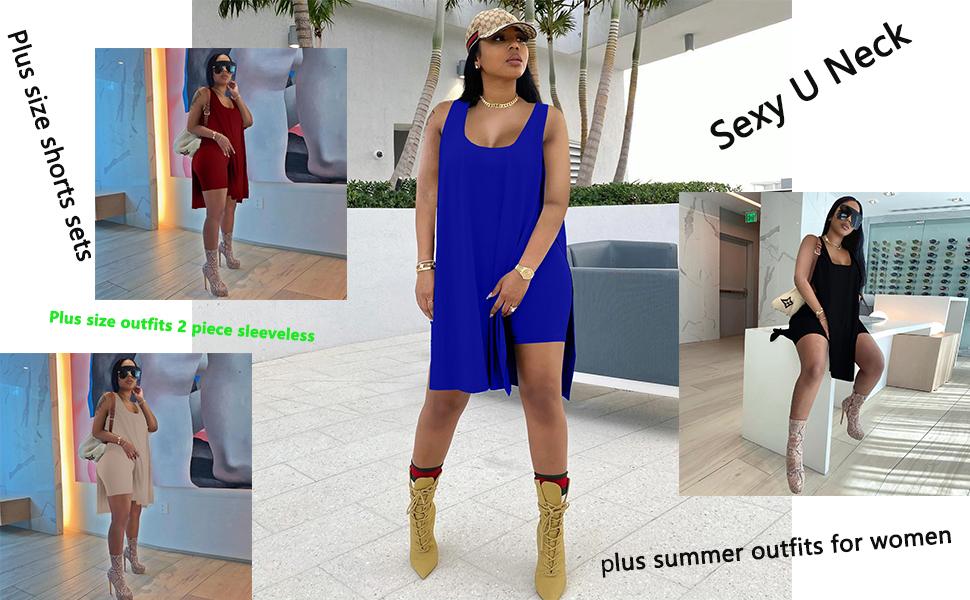 Women's Plus Size 2 Piece Outfits Sleeveless Tunic Tops and Bodycon Biker Shorts Sets Tracksuits Womenswear Casual Clothing Garment