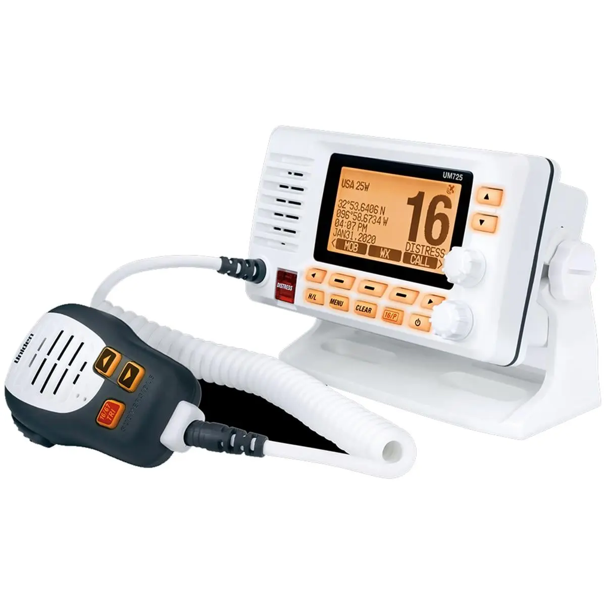 Uniden UM725GBT Waterproof Fixed-Mount VHF Marine Radio with Bluetooth, Integrated GPS, Class D DSC, Speaker Mic, NOAA Weather Channels, Audio Speaker, LCD Display, Remote Control, 68x38mm Size, NMEA0183/NMEA2000 Inputs, 1W/25W Transmit Power, White