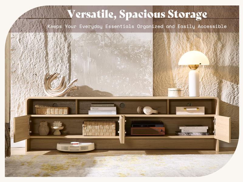 AMERLIFE 70" Modern TV Stand for TVs Up to 80", Wood TV Console with Curved Profile Design & 2 Storage Cabinets, Media Console Entertainment Center for Living Room, Bedroom/Best Gift Ideas/Christmas Gifts