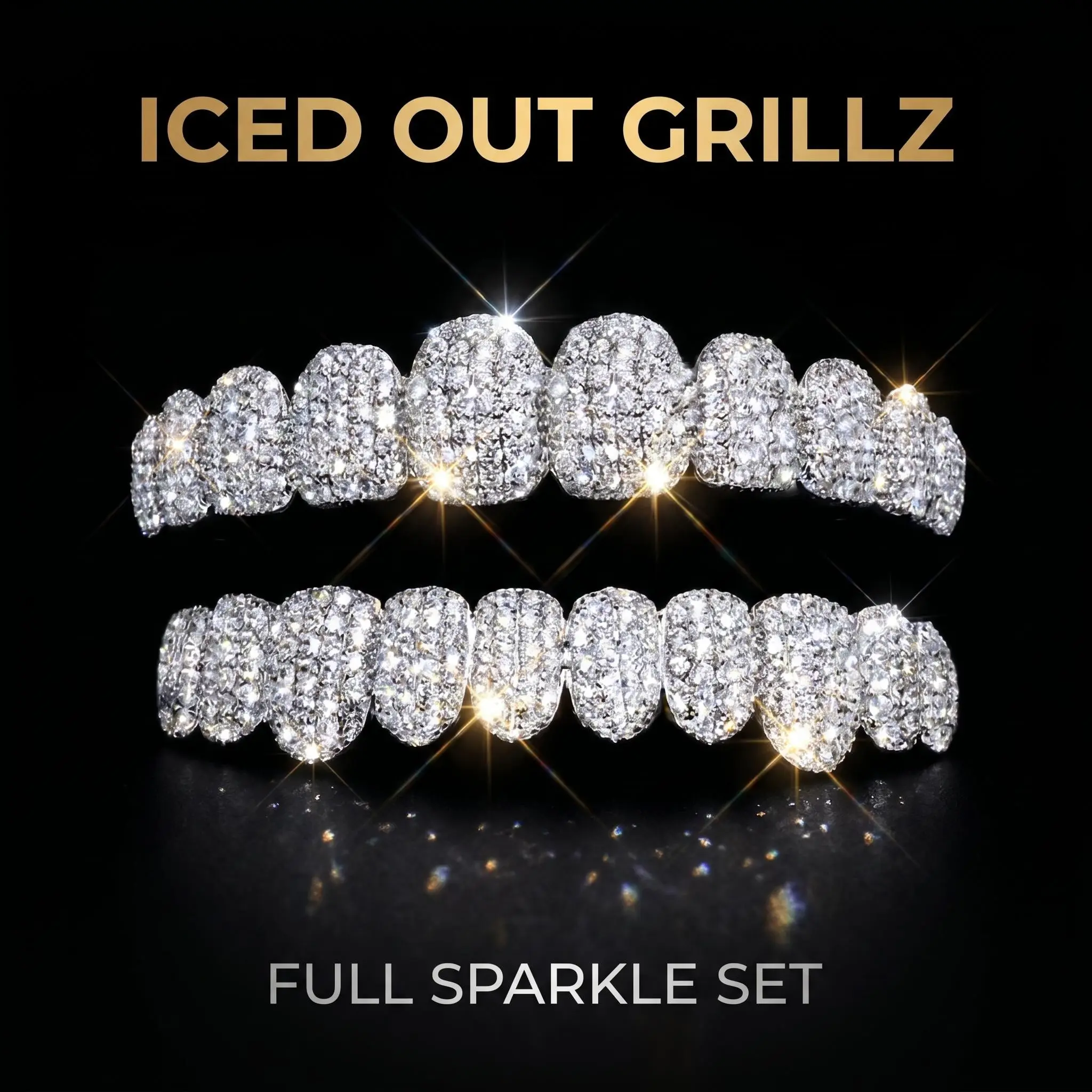 Hip Hop Iced Out Grillz Full Sparkle Set, Bling Rhinestone Tooth Caps, Removable Rap Style Teeth Jewelry for Men Women, Party Club Music Video Accessories