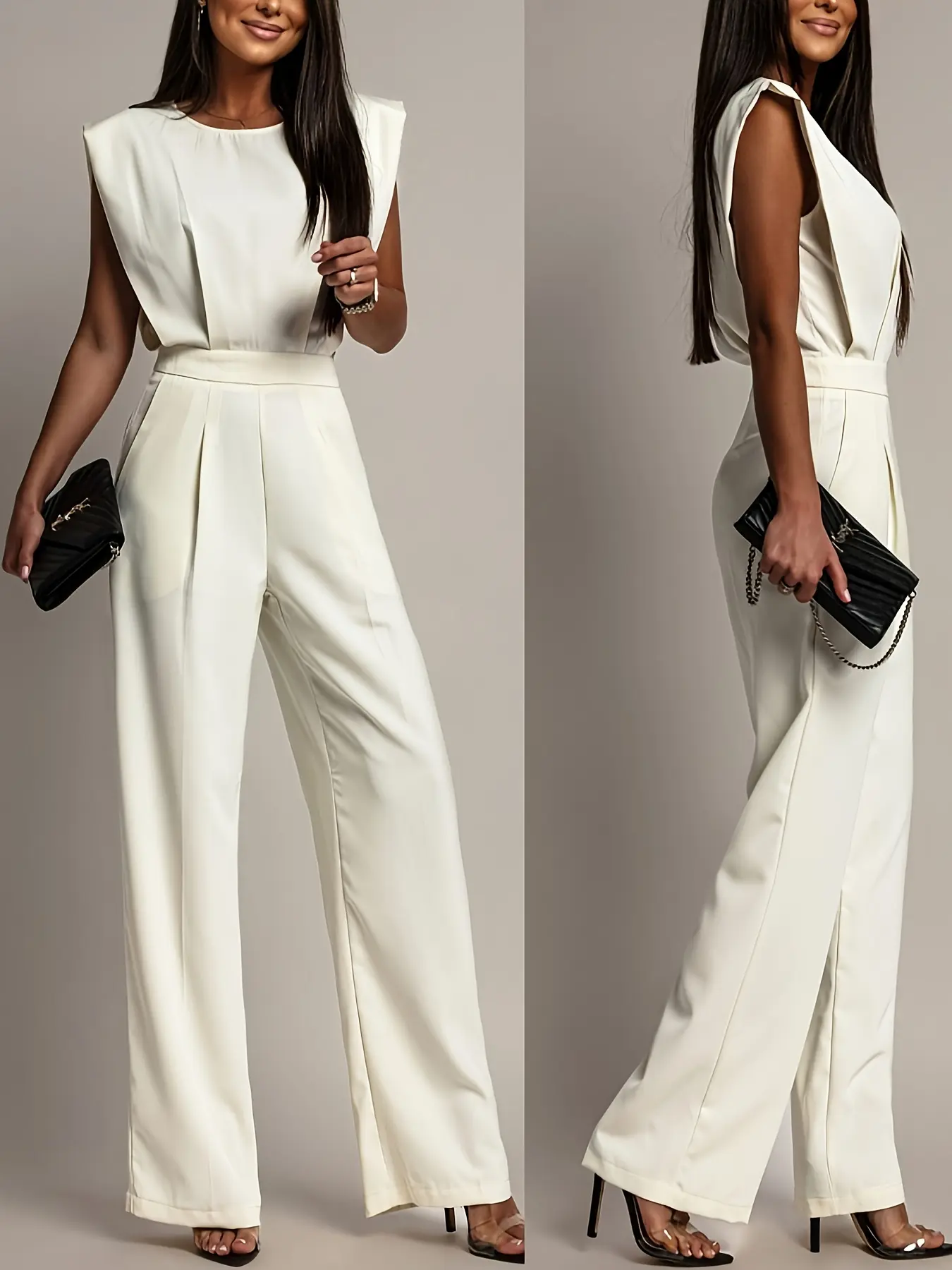 Short Sleeve Round Neck Zip Front Back Zippers Overalls Jumpsuit Fit, Minimalist Spring Summer Autumn Winter Wedding Guest Matching Womenswear Garment
