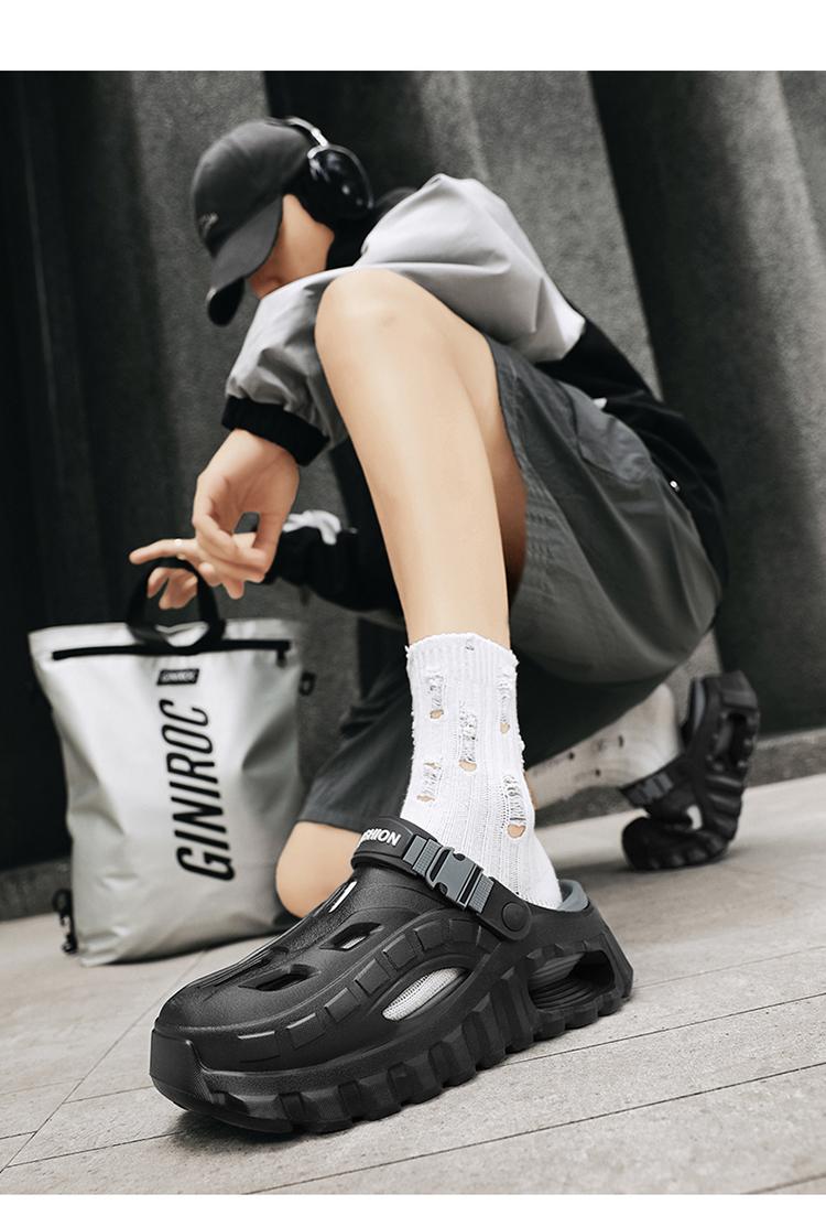 Men's Summer Slippers Outdoor Teenagers Thick Sole Height Increasing Driving Dual Use Closed Toe Cool Hollow Shoes