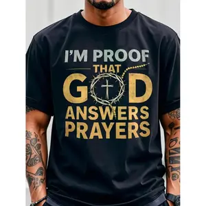 Mens Christian TShirt I Am Gods Response to Prayer with Crown and Cross Design Golden Lettering UltraSoft Breathable 100 Cotton Fabric White and Black Round Neck Short Sleeve Shirt for Church Easter Religious Apparel for Prayer Meetings
