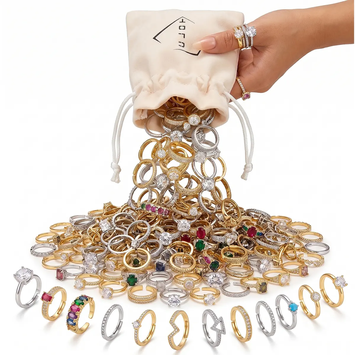 OLDT Vacation & Festival Jewelry Pack - Assorted Adjustable CZ Rings for Women, Trendy Costume Stacking Set