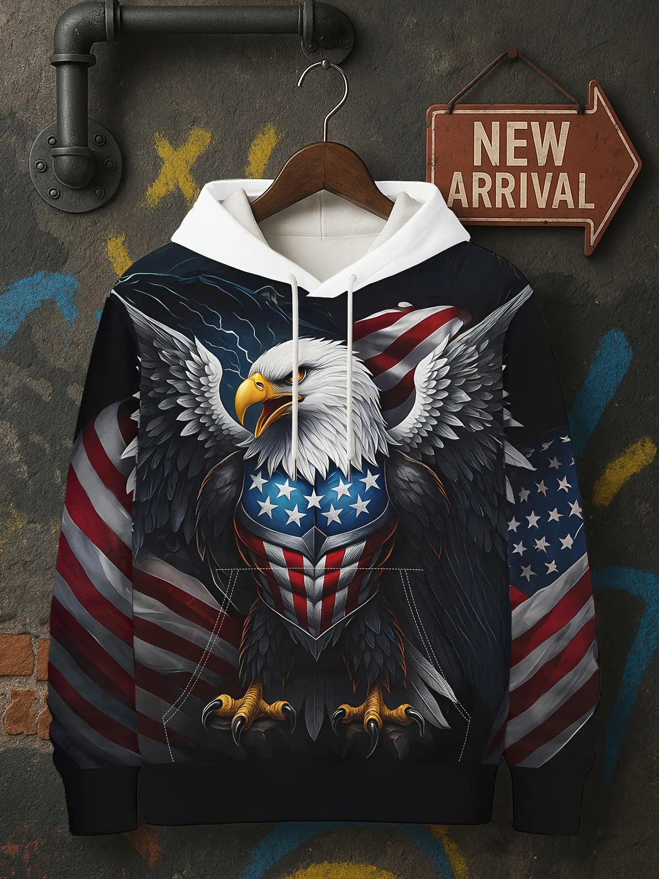 Men's Patriotic American Flag Eagle Hoodie - 3D Digitally Printed Street Fashion Hoodie with Drawstring and Front Pocket, Pullover Streetwear, Casual Pullover Hoodies, Fall/Winter Fit, Gifts for Brothers/Friends, Durable Fabrics