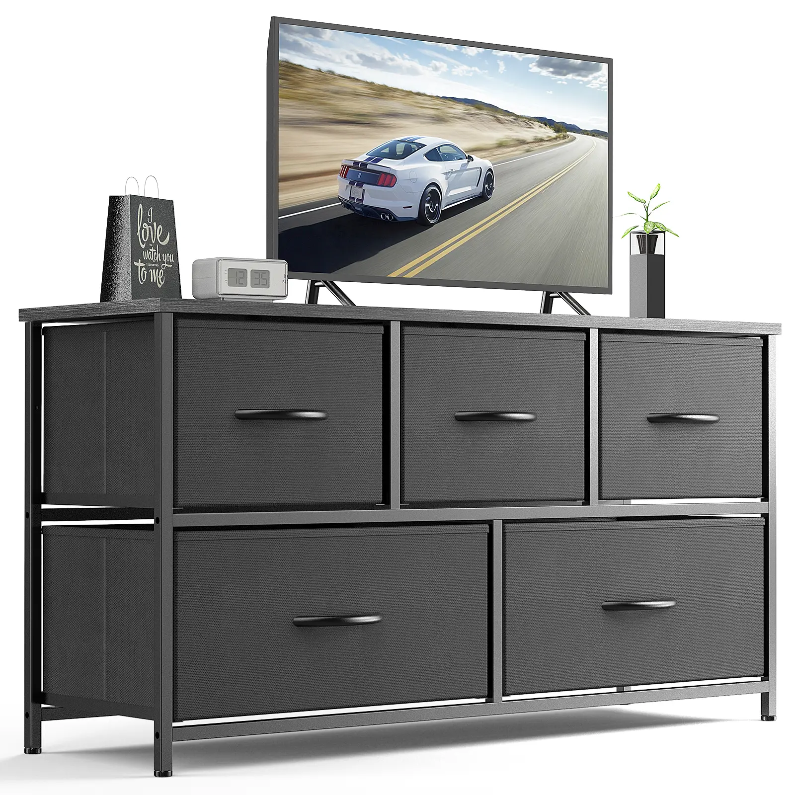 Sweetcrispy Bedroom storage drawers, dressing table, storage cabinet, with drawer cabinet, fabric storage cabinet, with 5 drawers, sturdy metal frame, suitable for storing items in the living room and bedroom, convenient space,essential for home furniture