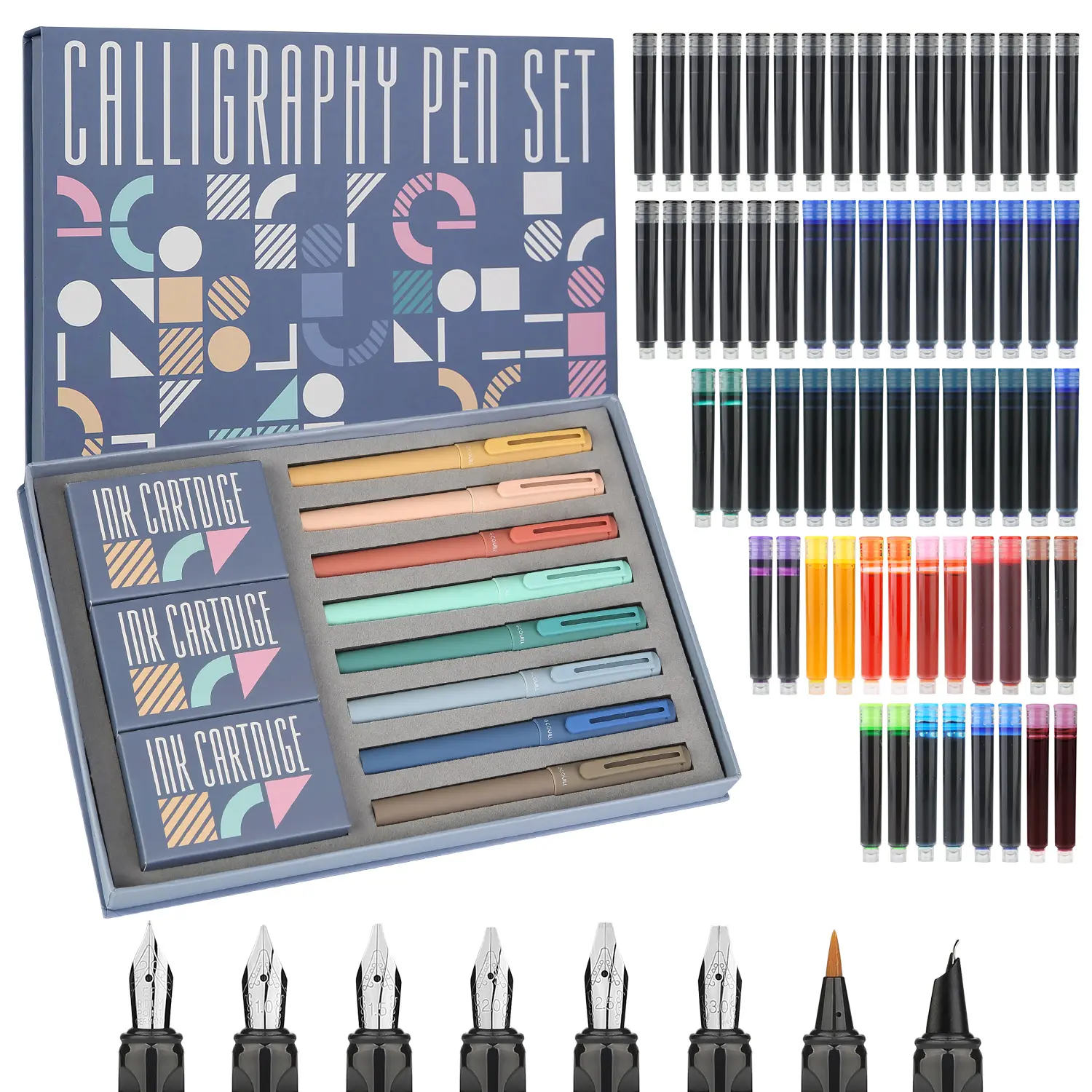 74 Pcs Calligraphy Fountain Pen Set, 8 Pens & 8 Nibs, 66 Ink Cartridges (14 Colors), Ideal for Writing, Drawing, Beginner Practice, Art Supply, Art Craft Supplies, Artist Supplies, Art School Supplies, Art Materials, Writing Tool