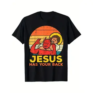 100% Cotton Jesus Has Your Back Jiu Jitsu Retro Christian Men T-Shirt Selected pure cotton interesting design DIY short sleeve t-shirt for men, soft and breathable