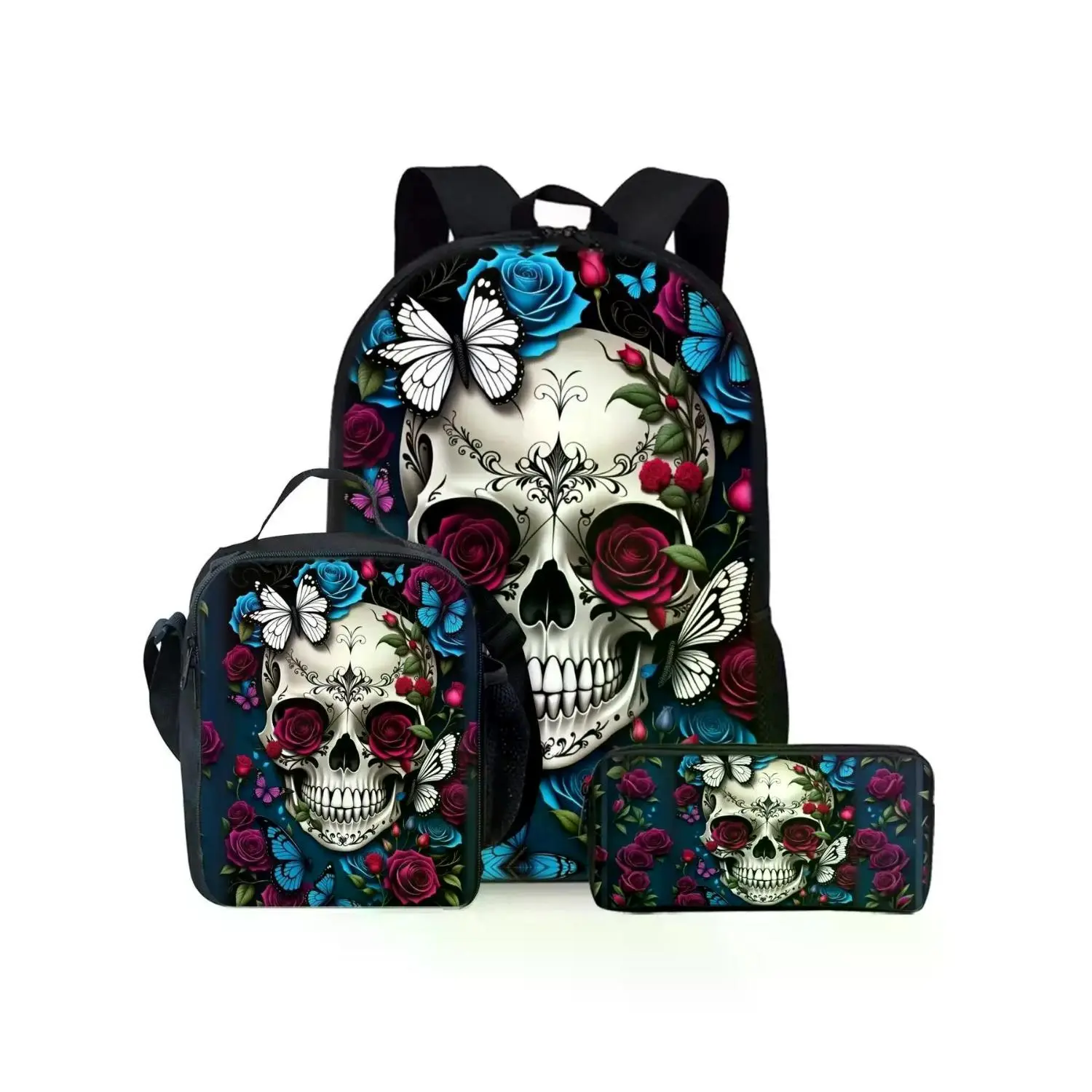 Skull Flower Print Three-Piece Backpack Set with Lunch Bag and Pencil Case - Trendy School Backpack