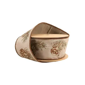 2 1/2" Natural Embroidered Linen Wired Ribbon | Pinecone and Sprig | 10 Yard Roll