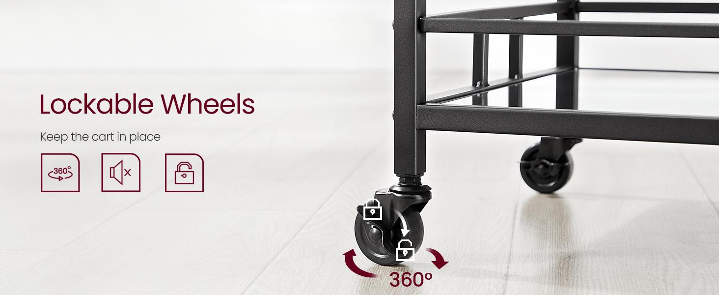 SONGMICS HOME VASAGLE Home Bar Serving Cart, Wine Cart with 2 Mirrored Shelves, Wine Holders, Glass Holders, for Kitchen, Dining Room Utensils