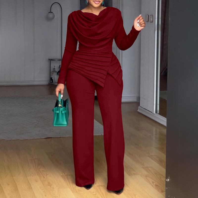 ChicMe Cowl Neck Asymmetrical Patchwork Ruched Jumpsuit Valentine's Day Wedding Guest Wedding Casual Cinched Waist Zipper Back Straight Leg Jumpsuit